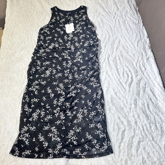 41 Hawthorn 2X Black Floral Sophia Fitted Mesh Midi Dress Ruched Date Night Chic - Picture 7 of 12